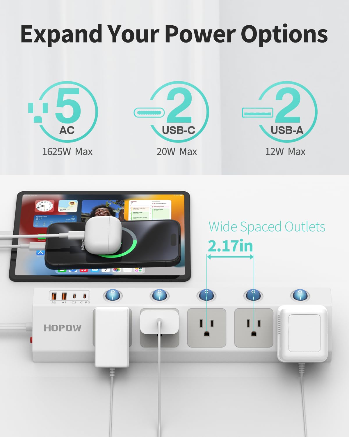 Flat Plug Power Strip with Individual Switches, 10 Ft Ultra Thin Flat Extension Cord, 5-Outlet Surge Protector with 2 USB-C (20W PD) & 2 USB-A, 1700 Joules, Wall Mount for Home Office, Black