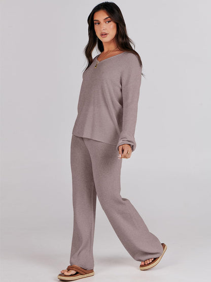 ANRABESS Women 2 Piece Outfits Sweater Lounge Sets Long Sleeve Cable Knit Pullover and Wide Leg Pants Tracksuit Matching Set Medium