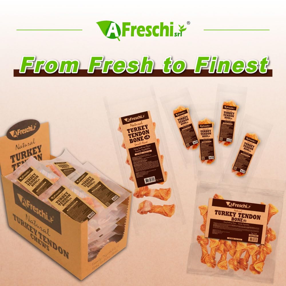 AFreschi Natural Turkey Tendon Bone (S) 8 oz, USA-Sourced Turkey Tendon, All Natural Puppy Chew, Hypoallergenic, Rawhide Alternative, for Small Breeds