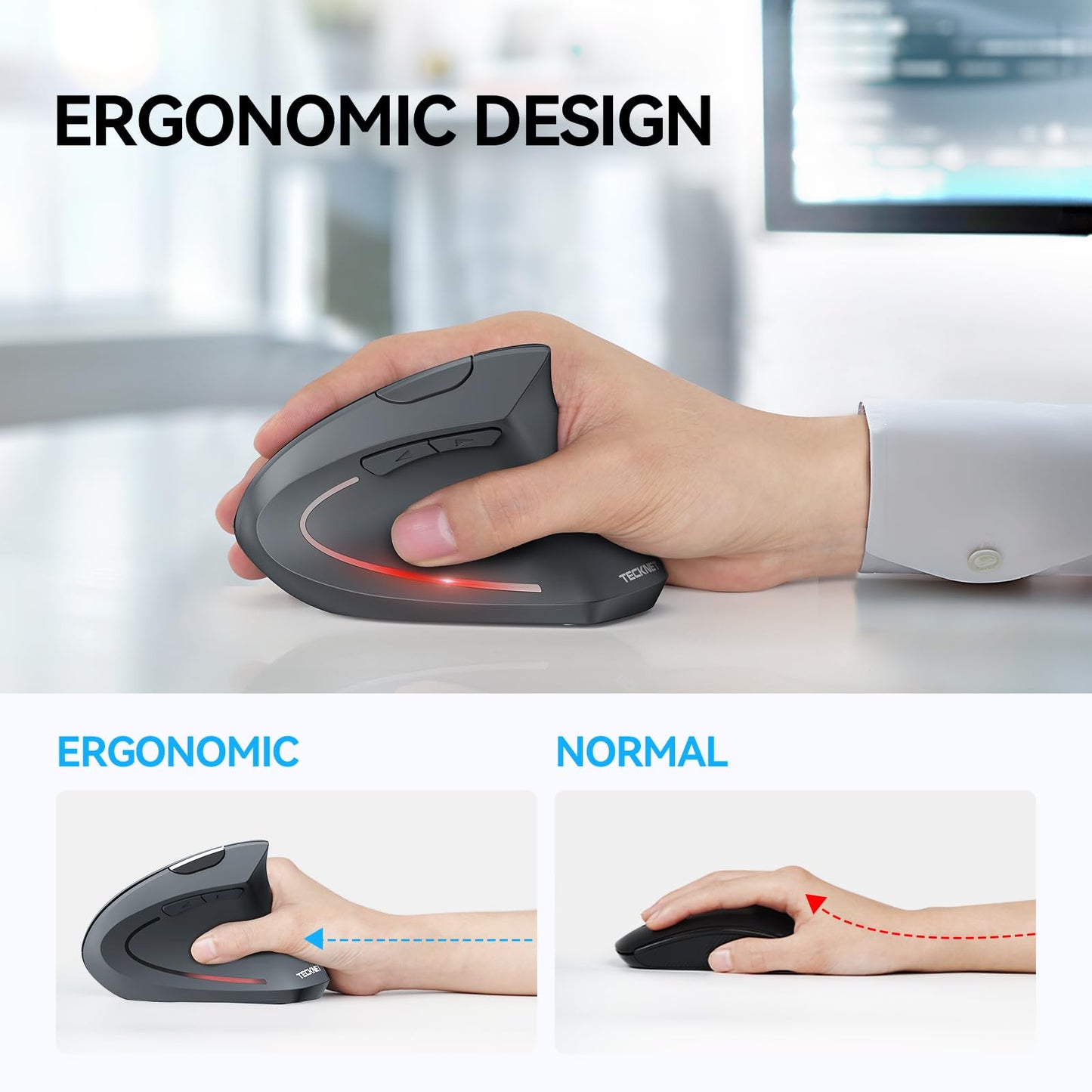 TECKNET Ergonomic Mouse, Wireless Bluetooth Vertical Mouse, 4800 DPI Optical Tracking, 6 Adjustable DPI, Quiet Clicks, 2.4GHz with USB A Receiver, 12 Months Battery, 6 Buttons, Wide Compatibility