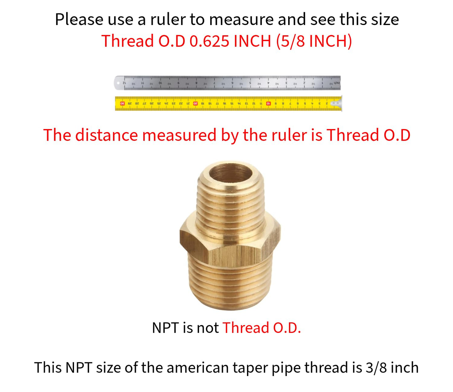 T TANYA HARDWARE 3/8 Inch NPT Male x 1/4 Inch NPT Male, Solid Brass Pipe Adapter Fittings Reducing Hex Nipples Connector, Thread outer diameter from 5/8 inch to 1/2 inch outer diameter, 2 Piece