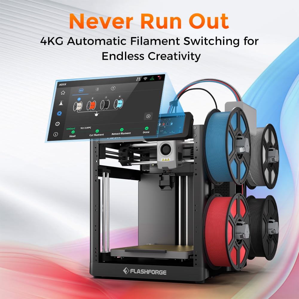 FLASHFORGE AD5X Multi-Color 3D Printer with IFS,Fully Auto Leveling FDM 3D Printer with Max 600mm/s High Speed Printing and Max 300°C Nozzle,Large Printing Size 220 * 220 * 220mm (AD5X)