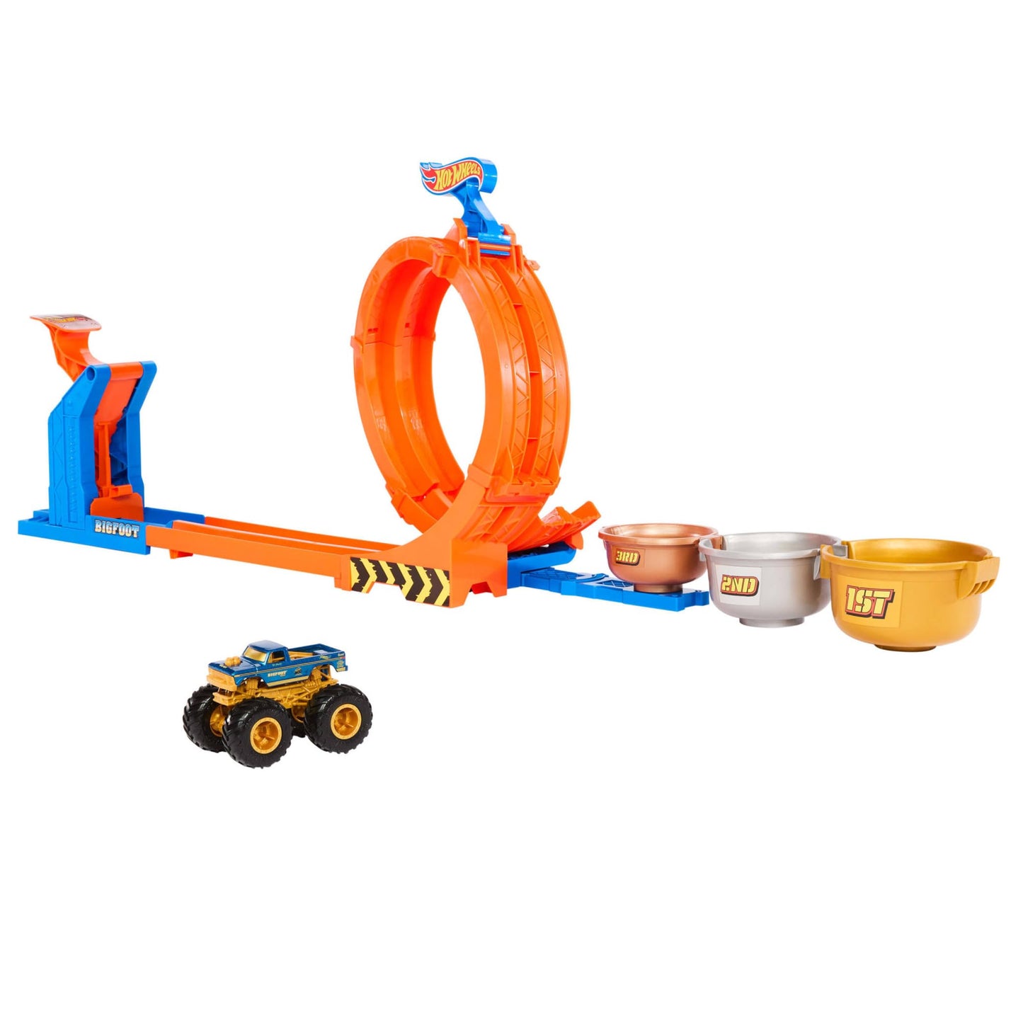 Hot Wheels Monster Trucks Toy Truck & Track Set, Loop-And-Flip Trophy Challenge Playset & 1:64 Scale 50th Anniversary Die-Cast Bigfoot, 2 Ways to Play, JBX64