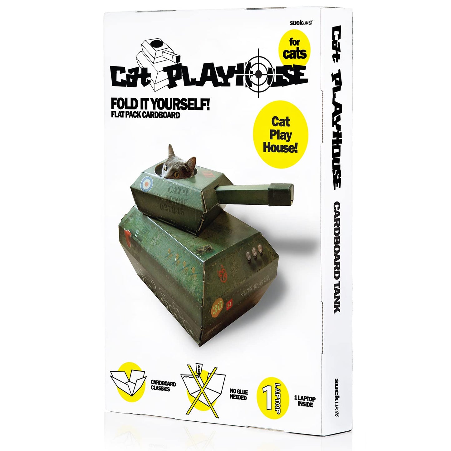 Suck UK | Tank Cat House | Cardboard Kitten Toys & Cat Bed | Interactive Cats Toy for Kittens & Cats | Novelty Kitten Accessories & Kitten Gifts | Indoor Toys or Outdoor House & Cave | Green