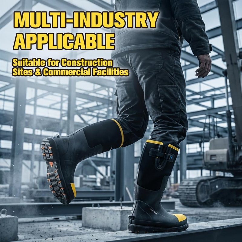 Trudave Rubber Work Boots for Men with Steel Toe & Shank, Waterproof Anti Slip Mud Rain Boots, 6mm Neoprene Warm Outdoor Hunting Boots, Durable Black Rubber Boot for Manufacturing, Construction, Size