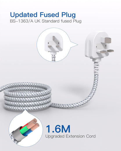 Extension Lead with USB Slots，6 Way Outlets 5 USB(5A, 1 USB- C and 4 USB-A Port) with 1.6M Braided Extension cord, 3250W Overload Protection，Security Surge Protection Plug Extension Socket