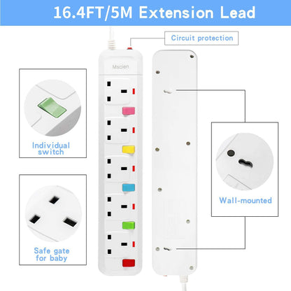 5M Extension Lead 5 Way Individually Switched,Mscien Surge Protected Extension Cord with 5 Meter Long Cable-White/Random Switch Color