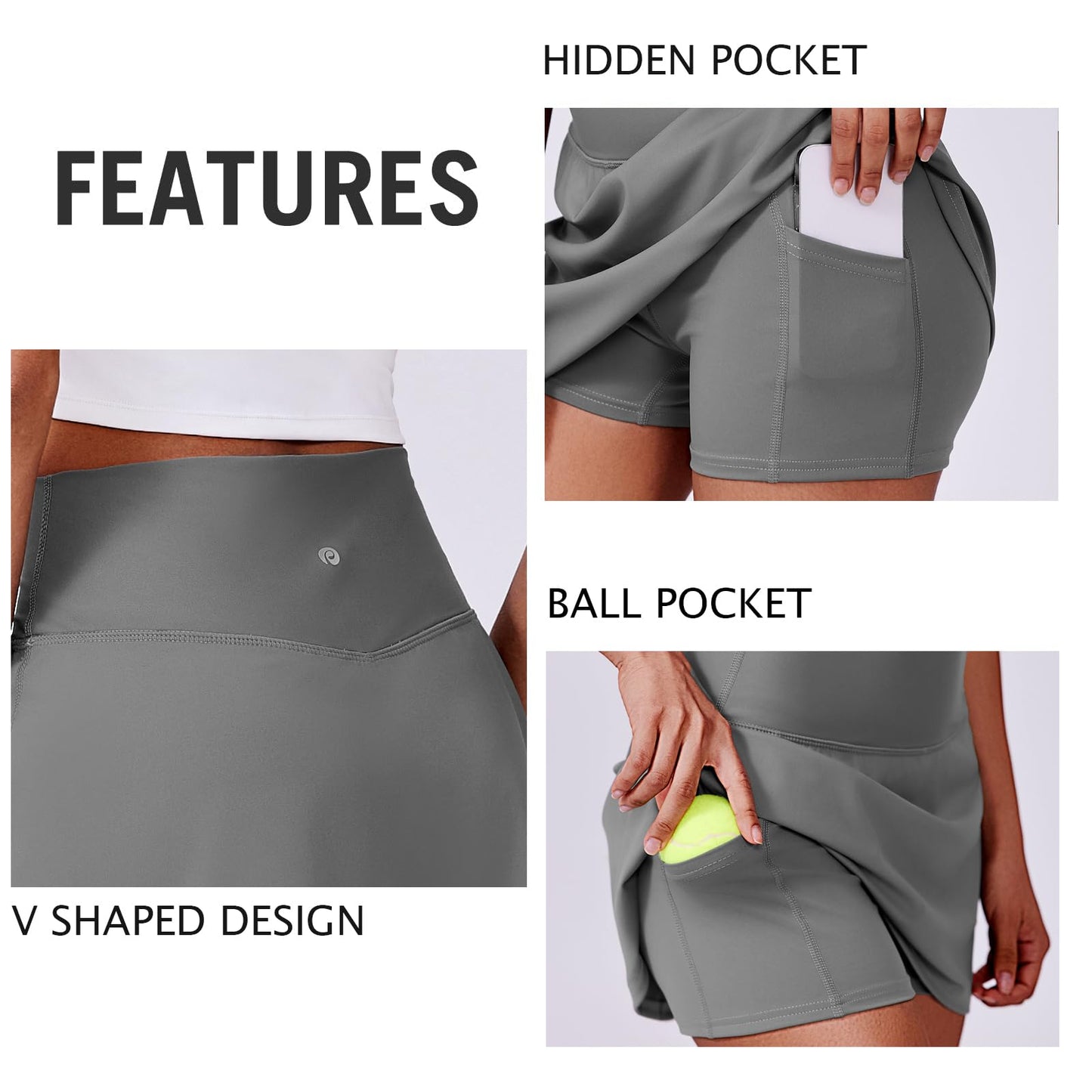 PINSPARK Tennis Skirt for Women High Waisted Athletic Golf Skorts Lightweight Mini Skirts Workout Skater Pockets, Grey Sage XS