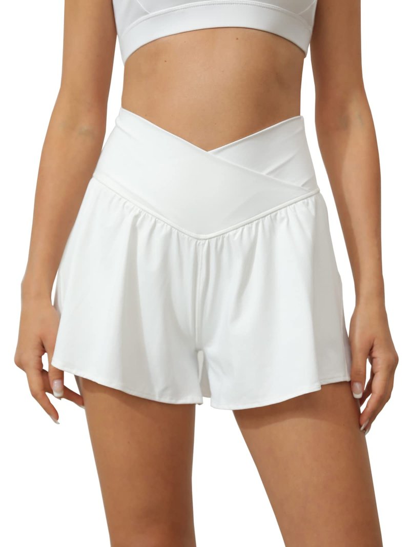 Tongmingyun Women Crossover Shorts Flowy Athletic Butterfly 2 in 1 Shorts with Pocket High Waist Running Workout Skorts White
