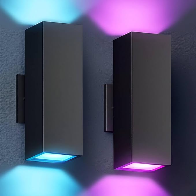 KIZON Smart Porch Lights 2 Pack, Modern Dusk to Dawn Exterior Lighting Fixtures Color Changing App Control with Remote, Dimmable RGB Outdoor Wall Lights for House Patio Garage Theater, ETL Listed