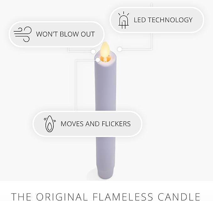 Luminara Flameless Candle Taper (1" x 9.5") Melted Top Real Wax Unscented Remote Ready Timer (Gentle Lavender)