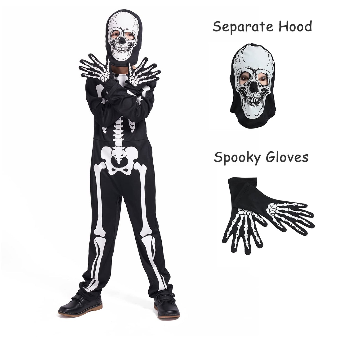 Sincere Party Glow In the Dark Skeleton White Bones Skeleton Costume with Gloves&Hood for Kids 5-7years
