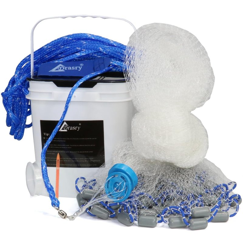 Drasry Saltwater Fishing Cast Net 3/8 and 1/4 Mesh with Heavy Duty Gray Sinker American Monofilament Fish Throw Net for Bait Trap 3FT 4FT 5FT 6FT 7FT 8FT 9FT 10FT Radius 3/8, 10FT Radius, 300