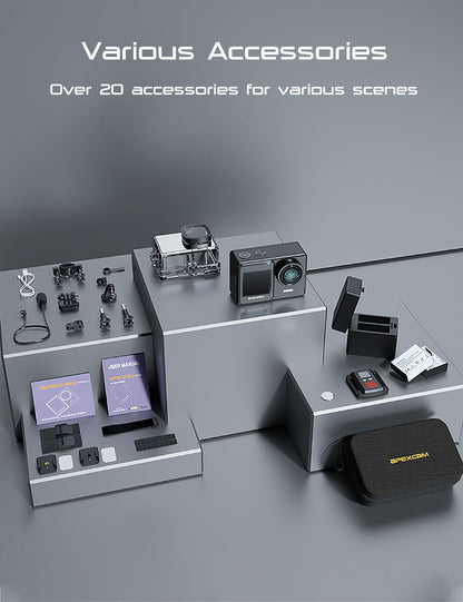 Action Cameras 4K 40M Waterproof Underwater Camera for Snorkeling, EIS Camcorder WiFi 170 Wide Angle Dual Screen Vlog Camera Sports Body Cam Mini(Charger, Remote Control and Helmet Accessories)