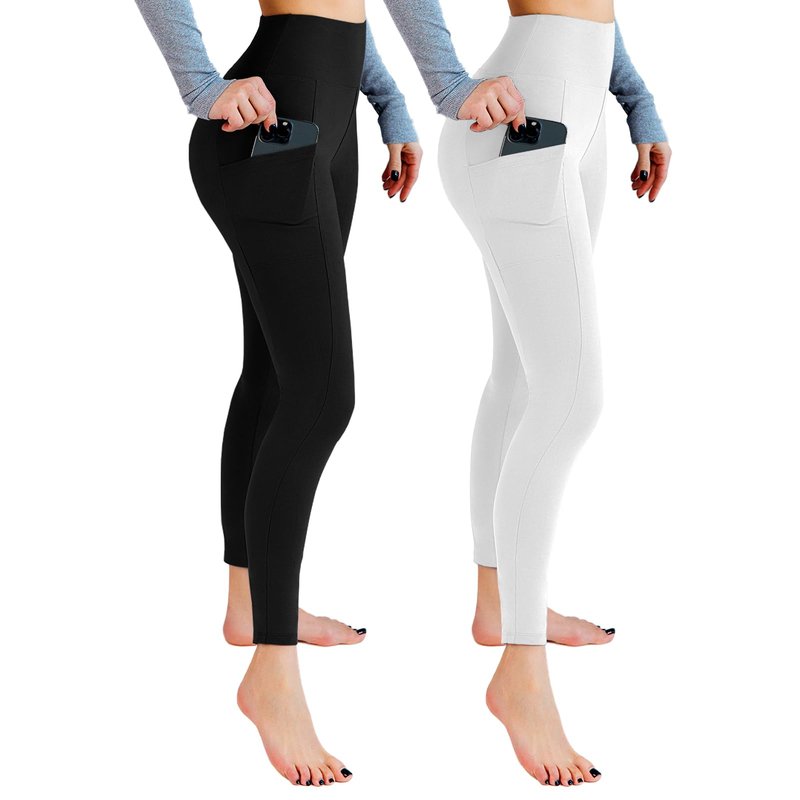 Leafigure 2 Packs Leggings with Pockets for Women, High Waisted Tummy Control Workout Leggings for Gym Black/White XXL