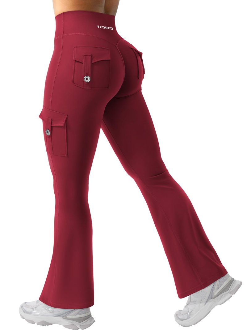 YEOREO CoreFlex Women Workout Flare Leggings with Pockets Scrunch Cargo Gym Yoga Leggings Wine XS
