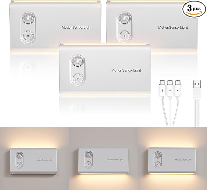 Motion Sensor Stair Night Lights Indoor, Rechargeable Closet Light with Adjustable Brightness and Direction, 3 Pack Wireless LED Light for Basement, Hallway, Bedroom, and Under Cabinet Lighting