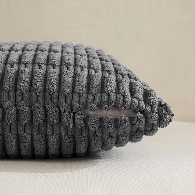 Fancy Homi Dark Grey Lumbar Decorative Throw Pillow Covers 14x24 Inch for Living Room Couch Bed Sofa, Rustic Farmhouse Boho Home Decor, Soft Striped Corduroy Rectangle Cushion Case 35x60 cm