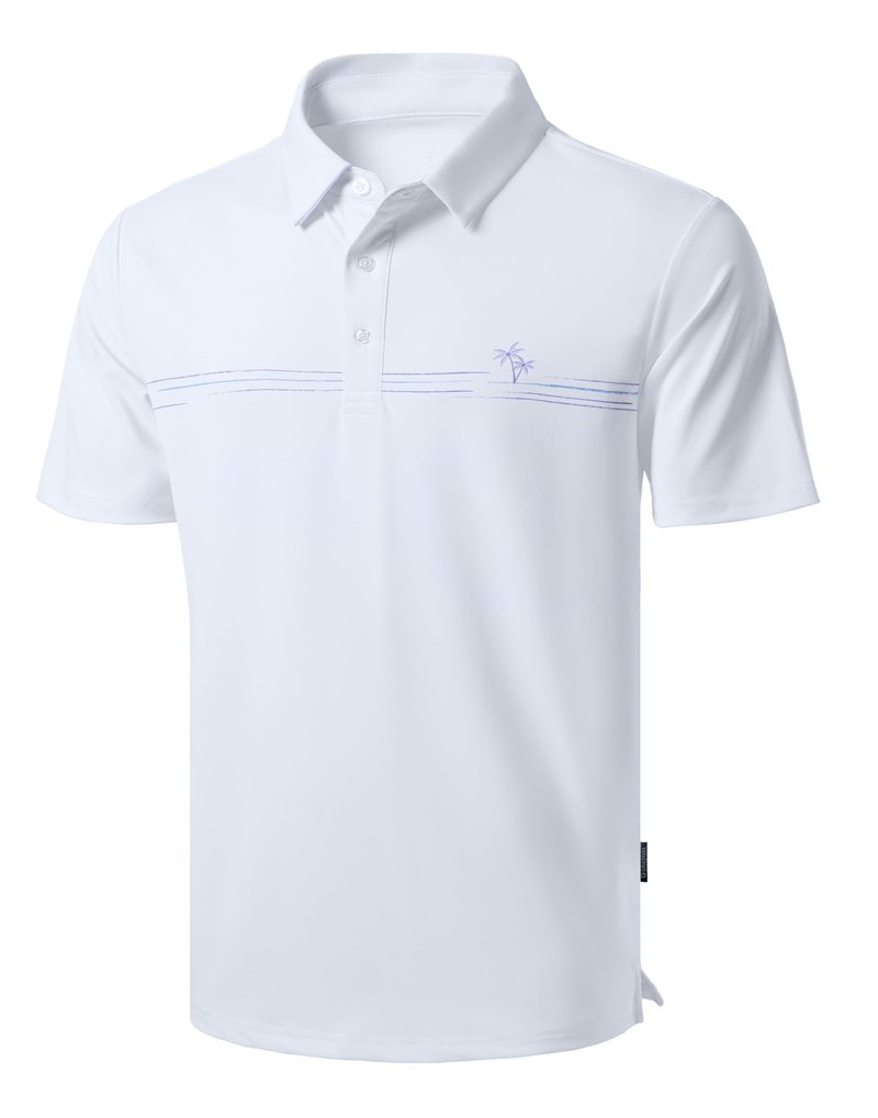 Men's Golf Shirts Dry Fit Moisture Wicking Performance Short Sleeve Collared Polo Shirts for Casual Tennis Bussiness (White Coco Tree, L)