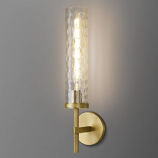 Gold Sconces Wall Lighting 19.48" with Rippled Glass Shade, Solid Knurled Brass Wall Sconces, Vintage Industrial Sconce Lamps for Bedroom Bathroom Entryway & Staircase Mirror Decor(Including Bulb)