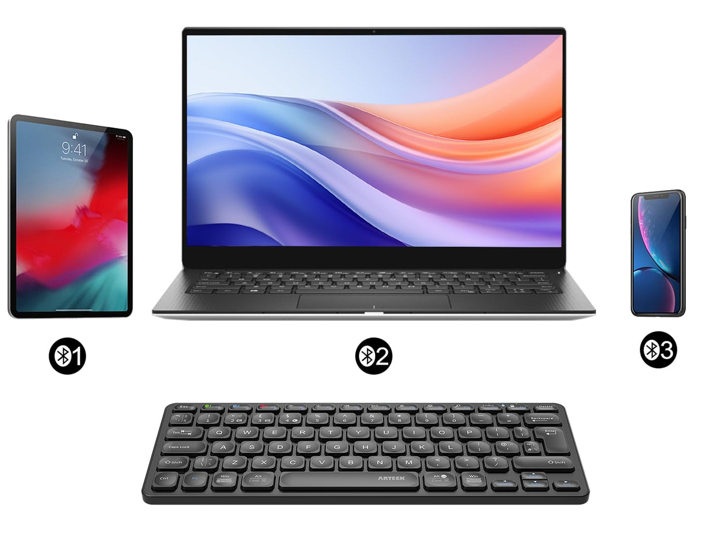 Arteck Universal Multi-Device Bluetooth Keyboard Ultra Slim and Compact Wireless Bluetooth Keyboard with Media Hotkeys for Windows iOS iPad OS Android Computer Desktop Laptop Surface Tablet Smartphone