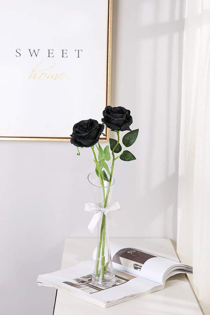 Veryhome Halloween Artificial Flowers Silk Black Roses Real Touch Bridal Wedding Bouquet for Home Garden Party Floral Decor 10 Pcs (Black)