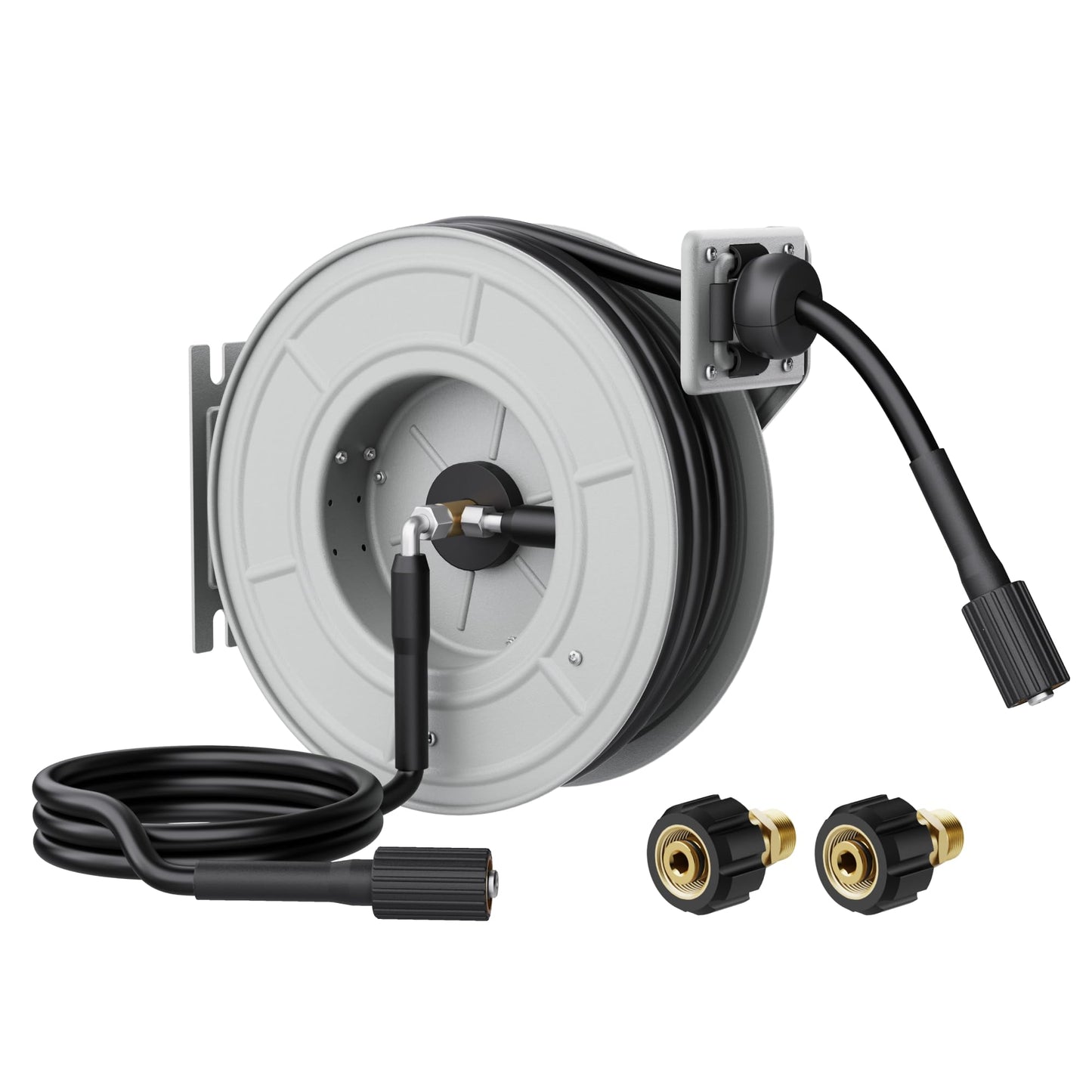 Giraffe Tools Pressure Washer Hose Reel 65ft, Power Washer Hose Reel, Pressure Washer Retractable Hose Reel, Heavy Duty, Wall/Floor Mounted, 3200 PSI, Silver