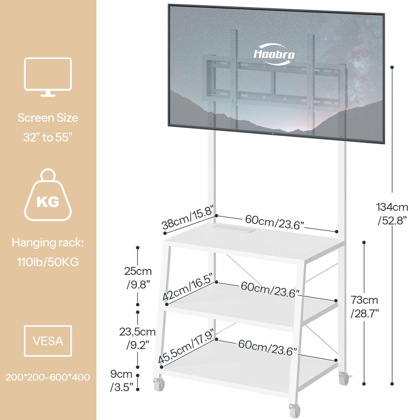 HOOBRO Rolling TV Stand with Mount and Power Outlet Up to 55 inch TV, Corner Entertainment Center, Small TV Stand with 3-Tier Storage Shelves for Living Room, Bedroom, Rustic Brown and Black BF66UDS01