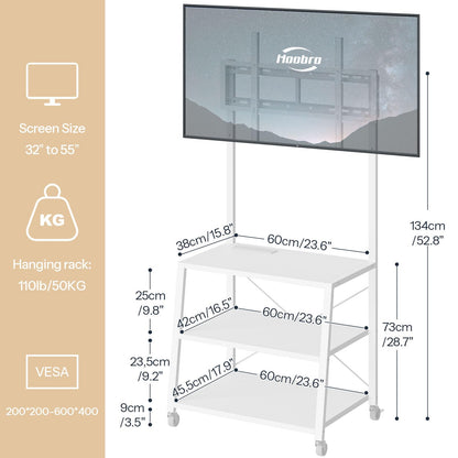 HOOBRO Rolling TV Stand with Mount and Power Outlet Up to 55 inch TV, Corner Entertainment Center, Small TV Stand with 3-Tier Storage Shelves for Living Room, Bedroom, Rustic Brown and Black BF66UDS01