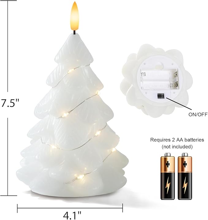 Homemory Christmas Tree Candles with Remote, 2 Pcs Waxy LED Flameless Candles Flickering, White Electric Lights Battery Operated for New Year Celebration Holiday Decorations 7.5 Inches