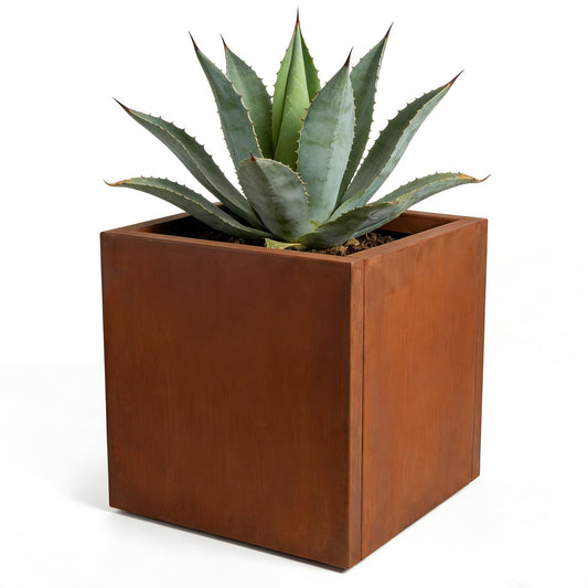 Cycayit Modern Corten Steel Planter 16” Cube, 1.5mm Heavy Duty Rust Finish Square Planter Box with Drainage Hole, Decorative Outdoor Metal Planter for Patio, Balcony, Entryway, Garden Decor
