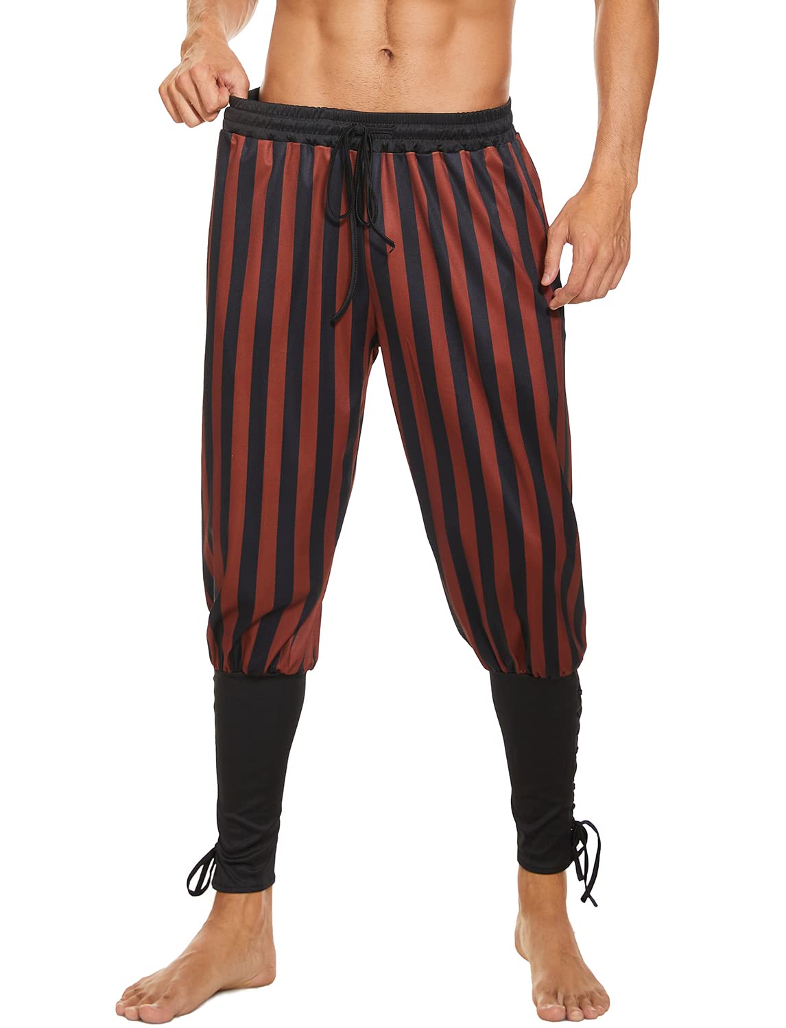 Mens Vintage Striped Pirate Pants Costume, Halloween Medieval Ankle Banded Pants, Renaissance Gothic Viking Navigator Trousers (L,Black-Brown)