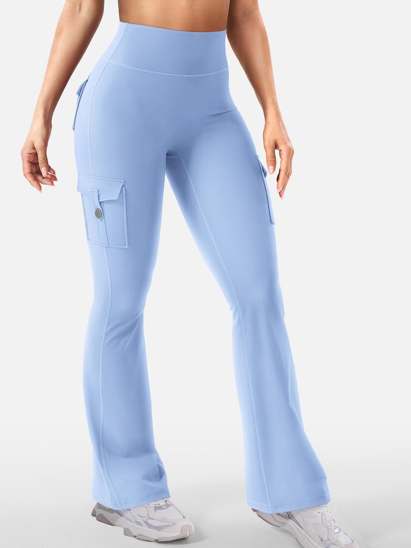 YEOREO CoreFlex Women Workout Flare Leggings with Pockets Hidden Scrunch High Waisted Cargo Gym Yoga No Front Seam Leggings Light Blue XL