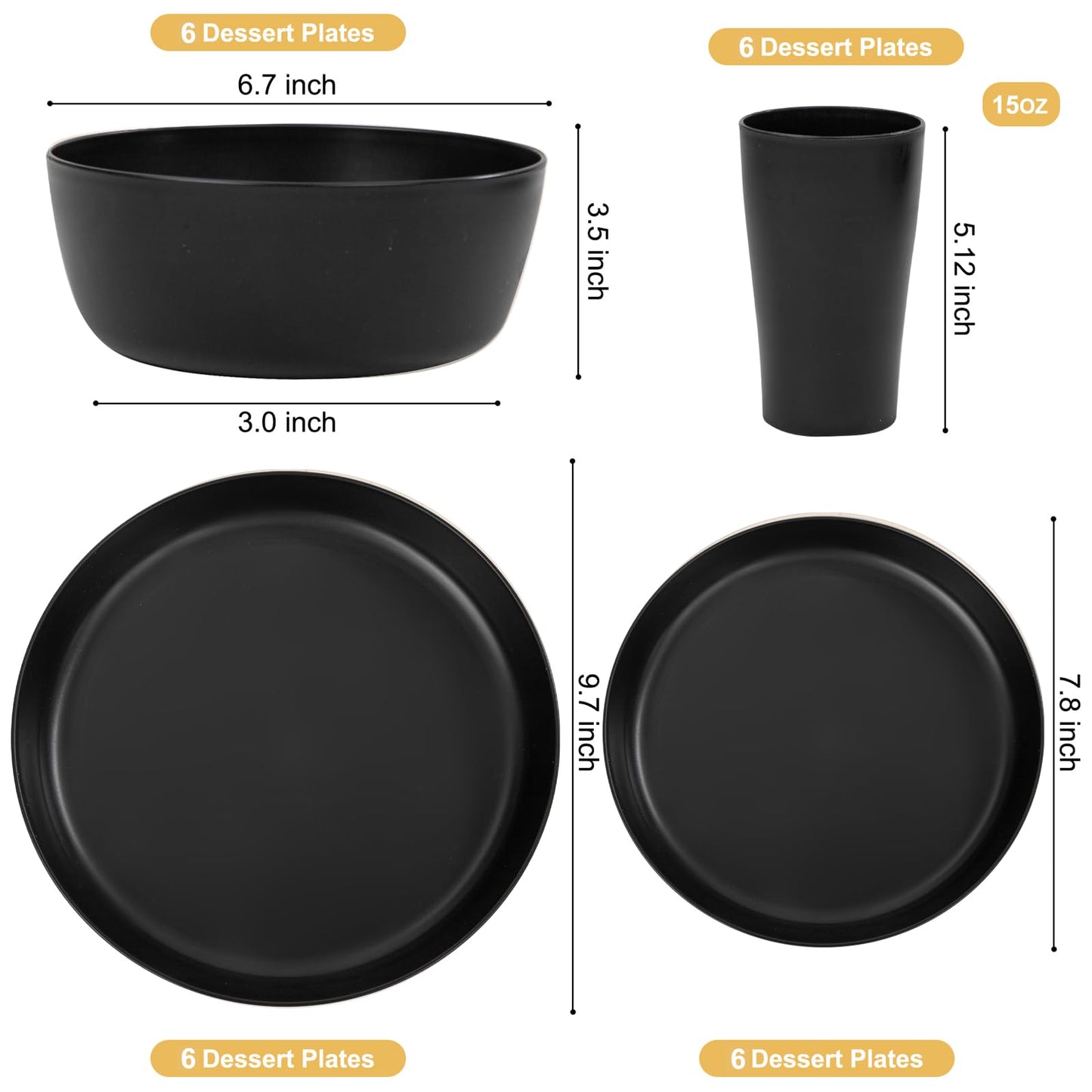 EI 24pcs Black Wheat Straw Plates,Wheat Straw Dinnerware Set,Plates and Bowls Sets,Reuasble Plate,Unbreakable Dinner Plate Heavy Duty Plastic for Halloween