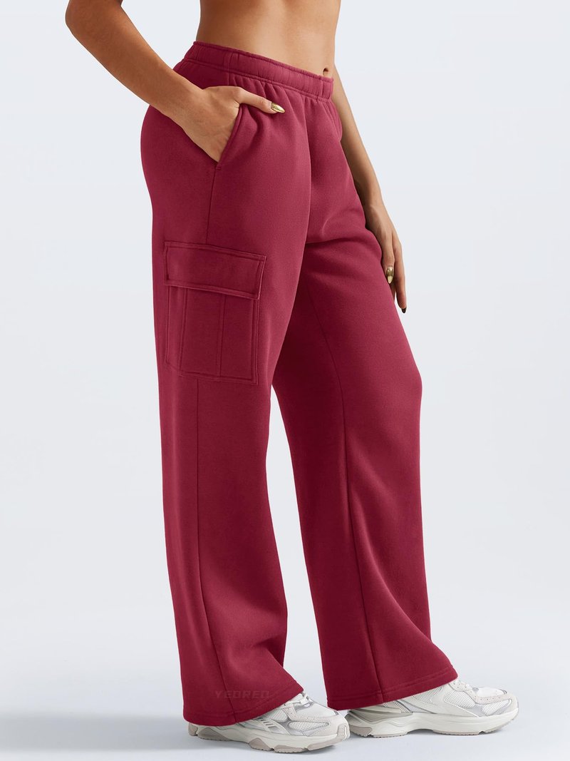 YEOREO Sweatpants Womens Cargo Pants Fleece Lined Wide Leg Joggers Baggy Drawstring Nairi Sweat Pants with Pockets Ancora Red M