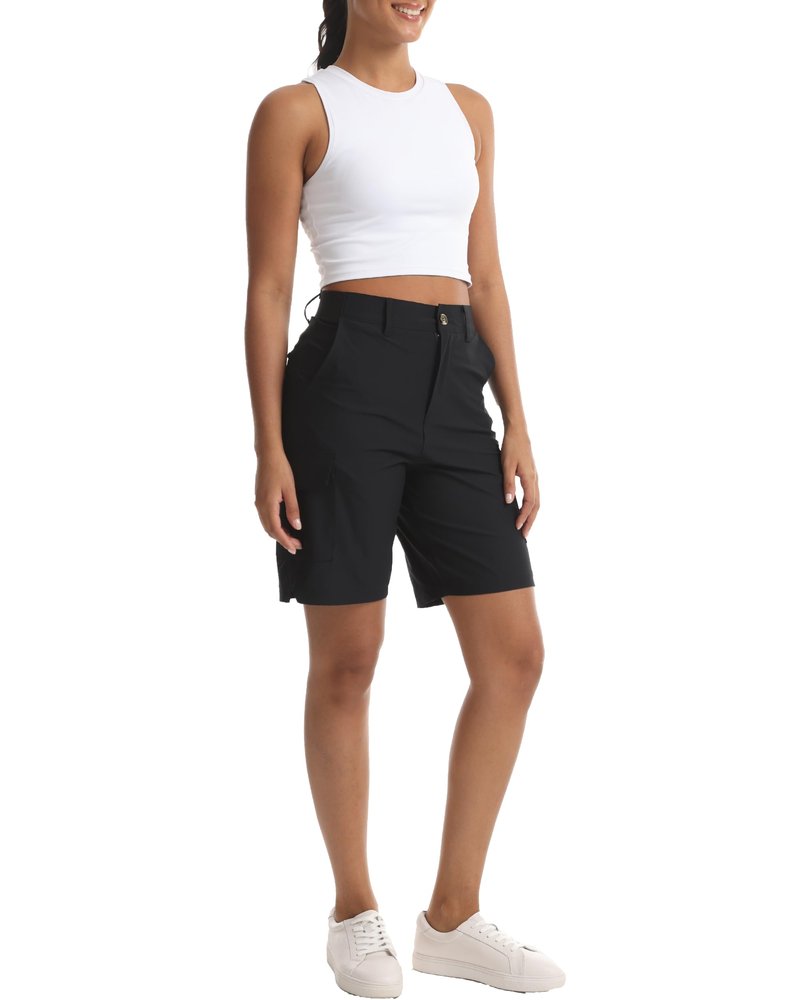 Yoglegins Women's Lightweight Hiking Cargo Shorts for Running Athletic Camping Travel Golf - Water Resistant with 5 Pockets (Black, X-Large)