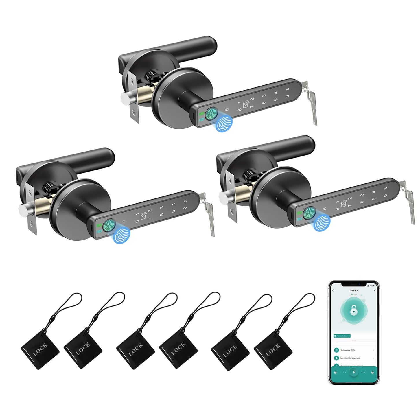 BIWIBON Smart Door Knob - 5 in 1 with Smart APP, IC Cards, Password, Backup Keys - Fingerprint Door Knob with Keypad for Bedroom, Office, Apartment - Black, 3 Pack