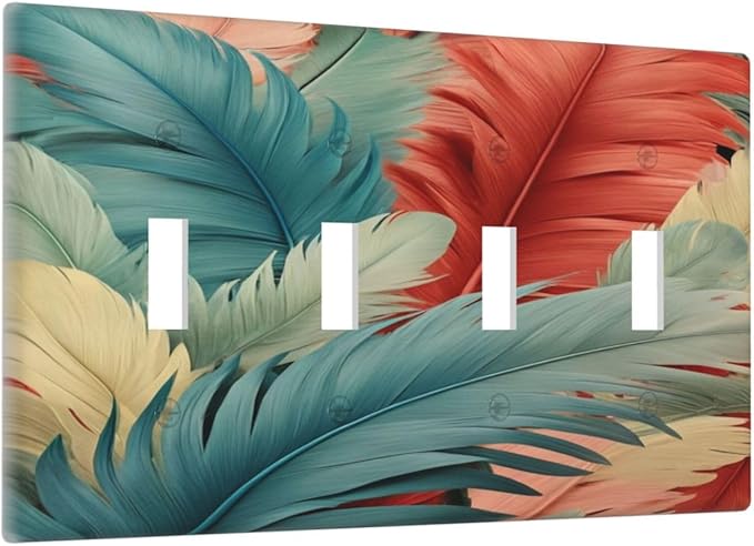 Colorful Feathers Blue Red Light Switch Covers Quad Toggle 4 Gang Wall Plate Decorative Switchplate Electrical Faceplate for Farmhouse Bathroom Living Decor