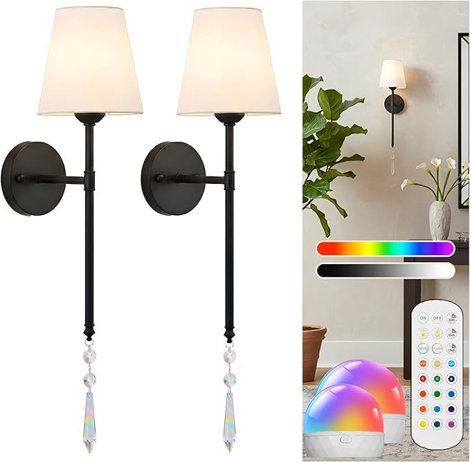 Battery Operated Wall Sconces Set of Two, Rechargeable Wall Sconce Wireless Battery Wall Lamp with 15 Colors RGBCW Dimmable Magnetic Bulbs & Remote for Bedroom Living Room Hallway Decor Black