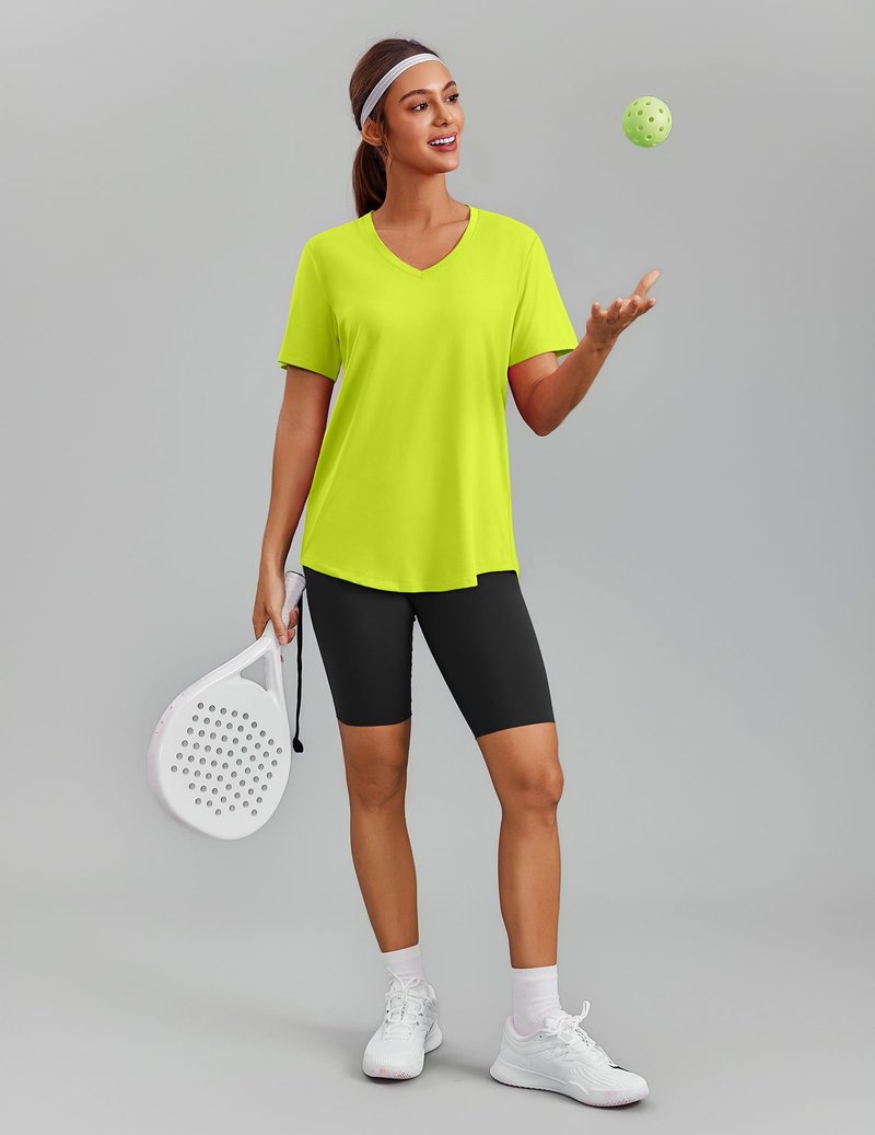 PINSPARK Tennis Shirts for Women Short Sleeve V Neck Moisture Wicking Workout Tops Quick Dry Athletic Gym Golf T-Shirts,Neon Green X-Large