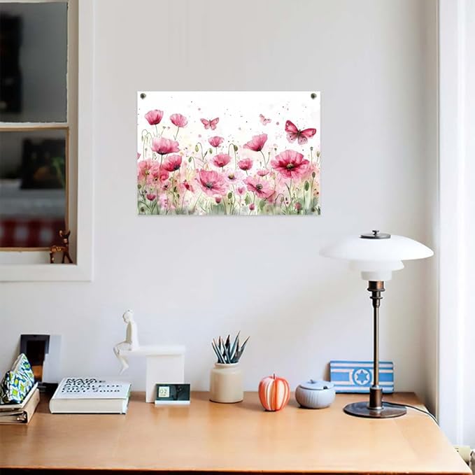 Yesad Poppies Wall Art, Pink Poppy Canvas Wall Art Flower Pictures Floral Poster Prints Farmhouse Wall Décor for Living Room Bedroom Home Decorations (Unframed,12”x8”, Poppy3)