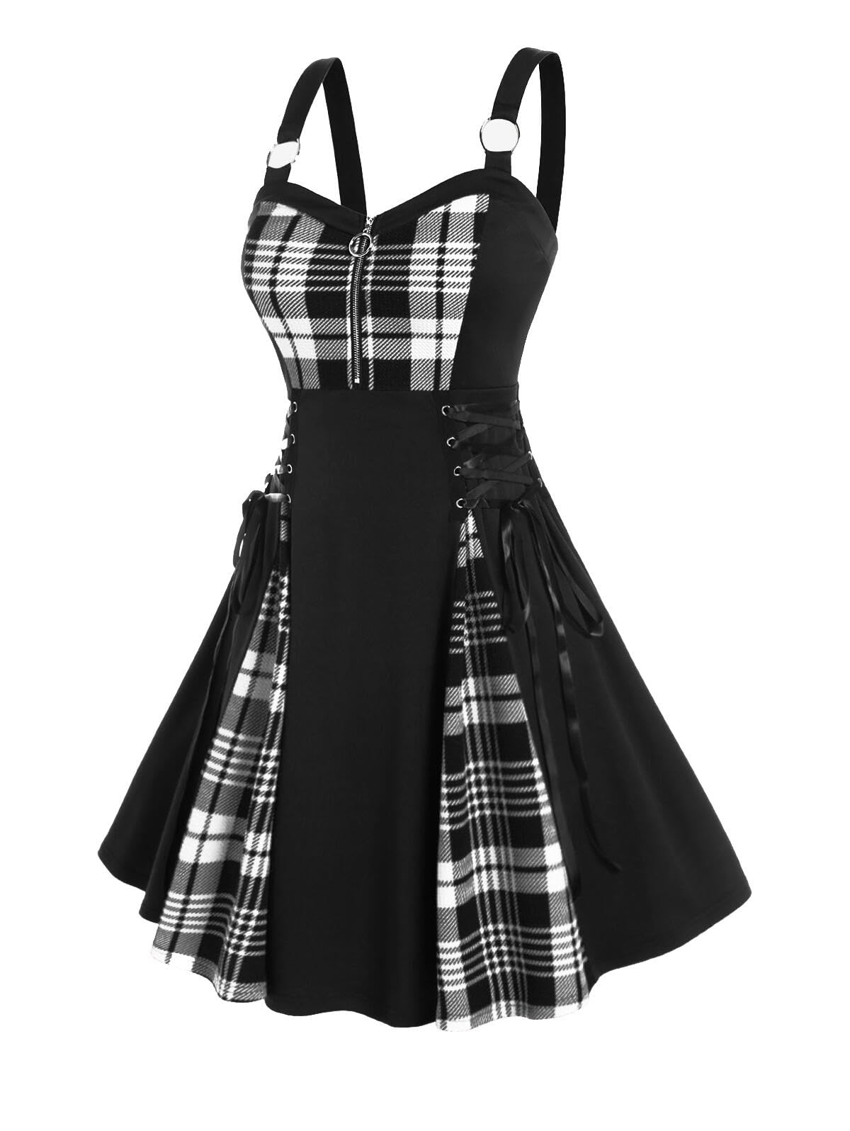 Rosegal Gothic Lace Up Plaid Half Zipper Fit and Flare Gothic Dress(White_1/2X)