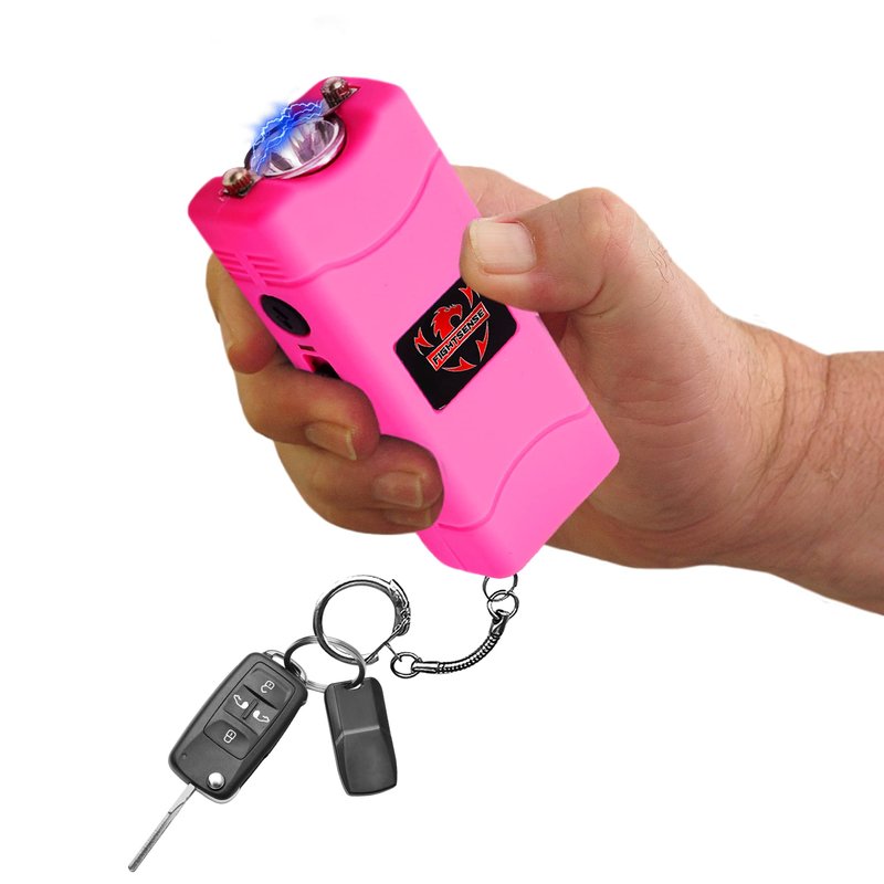 FIGHTSENSE Super Heavy Duty Keychain Stun Gun with Flashlight for Men and Women self Defense Device, Rechargeable Stun Gun, Nylon Holsters (Pink)