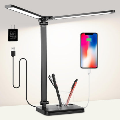 Woputne LED Desk Lamp with Dual Heads, 5 Color Modes & 10 Brightness Levels, Adjustable Reading Light for Home Office, Bedroom, Study, Craft (Black, Includes Adapter)