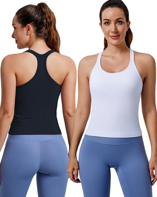 Evercute Women's 1/2/3 Pack Ribbed Workout Tank Tops with Built in Bra Racerback Seamless Crop Tank Tops Camisole Sport Tanks