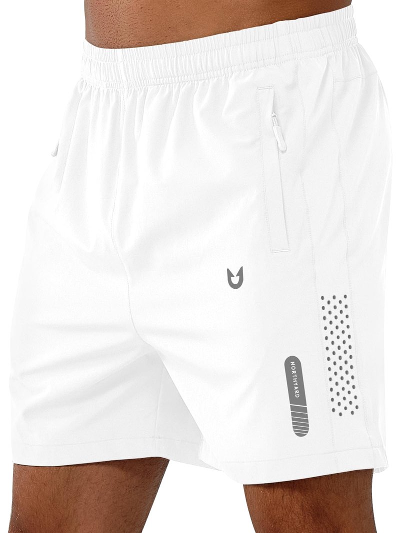 NORTHYARD Men's Athletic Running Shorts Gym Workout 7"/9"/5" Quick Dry Lightweight Sports Basketball Tennis 3 Zipper Pockets WHITE-5inch S