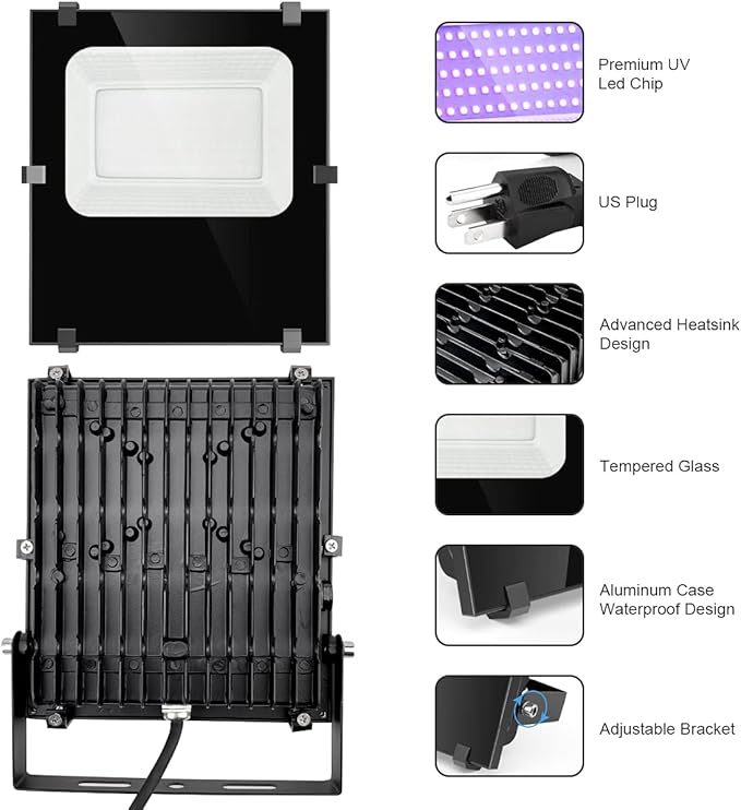 600W Black Lights Outdoor, Commercial Black Light Flood Lights High Power 395nm UV Blacklight Floodlight Plug in Large BlackLights Waterproof IP66 for Glow Party Large Space Halloween (2 Pack)