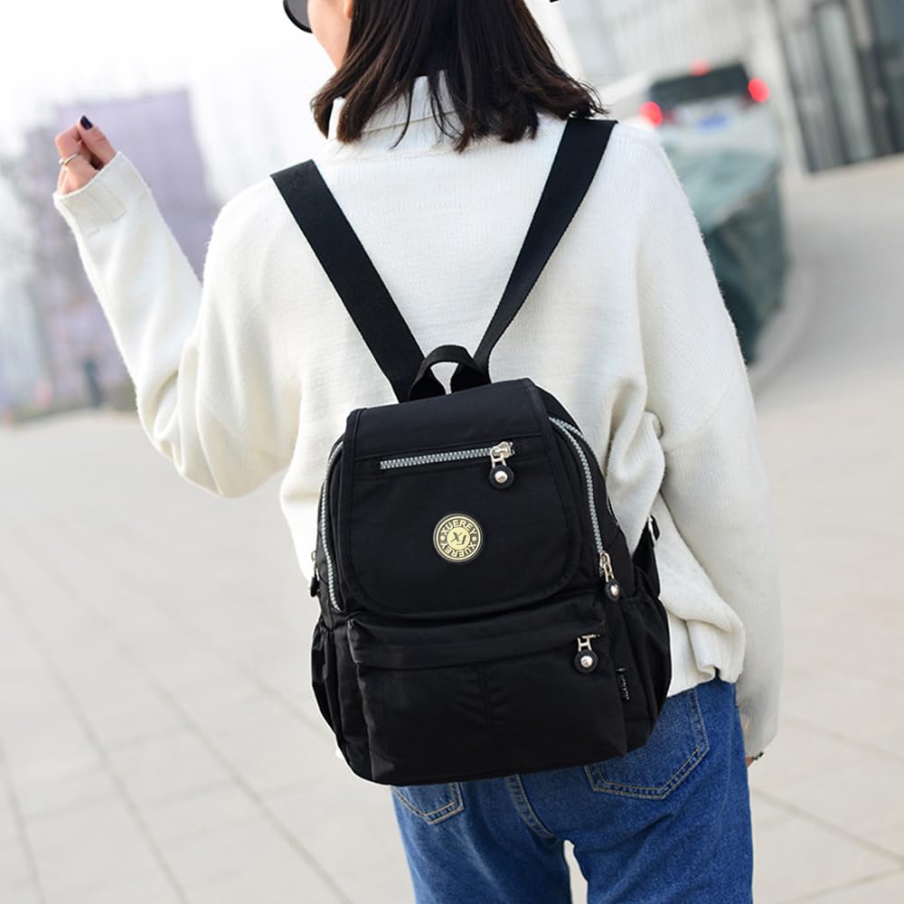 XUEREY Women's Small Handbag Nylon Shoulder Bag Casual Day Pack Multi-Pocket Casual Waterproof Nylon Bags Travel School Bag Laptop Backpack (Black)
