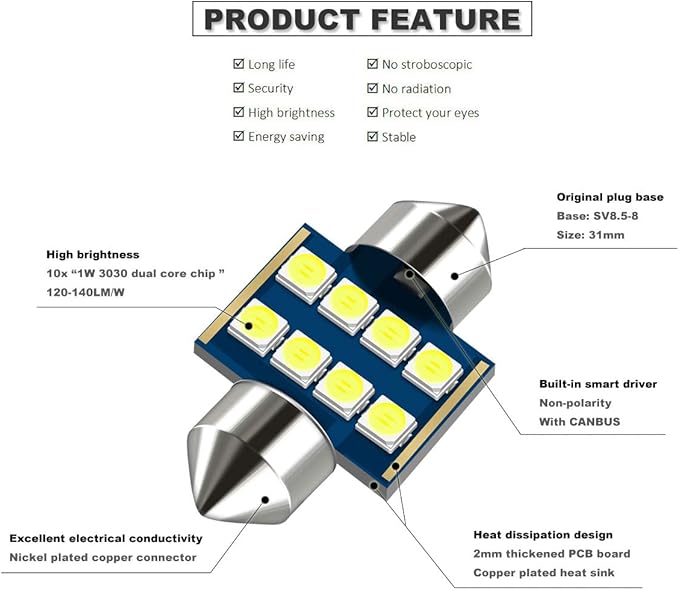 31MM Festoon DE3175 3175 6428 6000K White Extra Bright LED Bulbs for Car Interior Lights License Plate Map Dome Trunk Door Courtesy Light 8-SMD Chipset Canbus Error Free