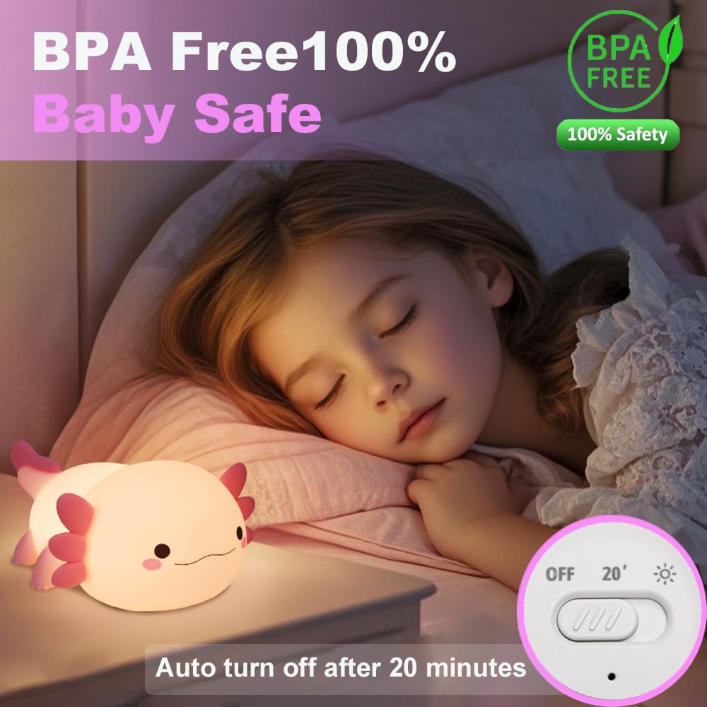 KangTen CHEN Cute Axolotl Night Light for Kids Bedroom, Animal Silicone Nursery Night Lamp Touch Control Nightlights USB Rechargeable Bedside Lamp for Baby Children Toddlers Girls Gift (Pink Axolotl)